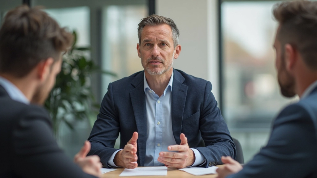 Professionele foto van realistische man van ongeveer 40 jaar, volledig gekleed in zakelijk casual, zittend aan tafel met team, open houding, modern kantoor met veel daglicht, vervaagde achtergrond, GEEN tekst, GEEN watermerken