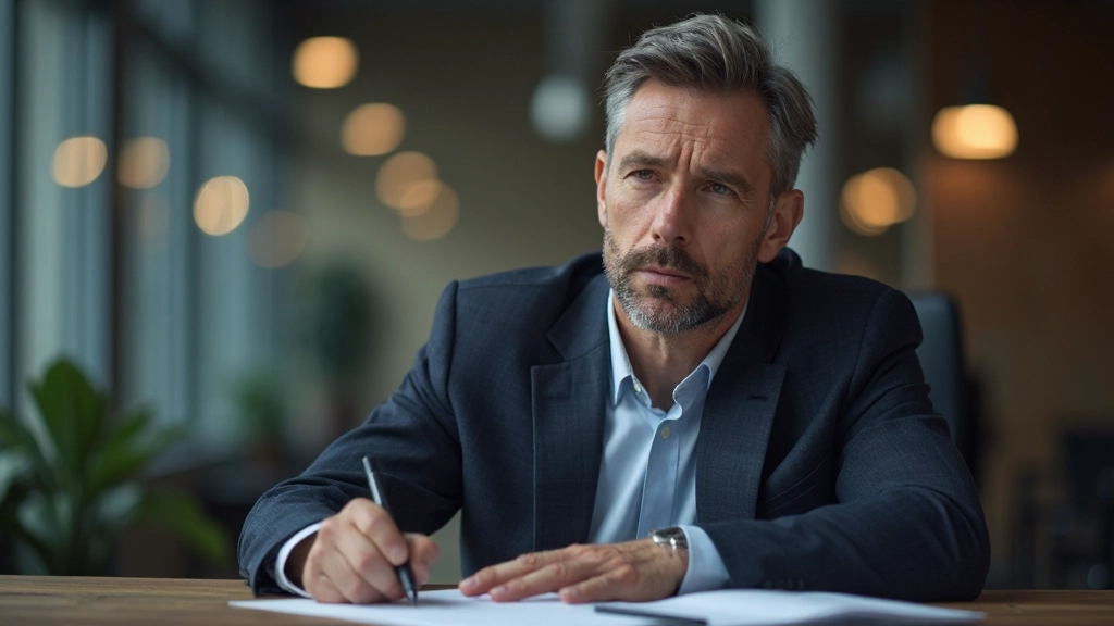 Professionele foto van realistische man in zijn veertig, volledig gekleed in zakelijk pak, zittend aan bureau met notities, gefocuste uitdrukking, kantoorverlichting, wazige achtergrond