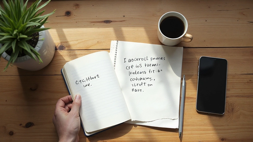 Notitieboek met aantekeningen op een bureau met koffiekopje en telefoon in ochtendlicht