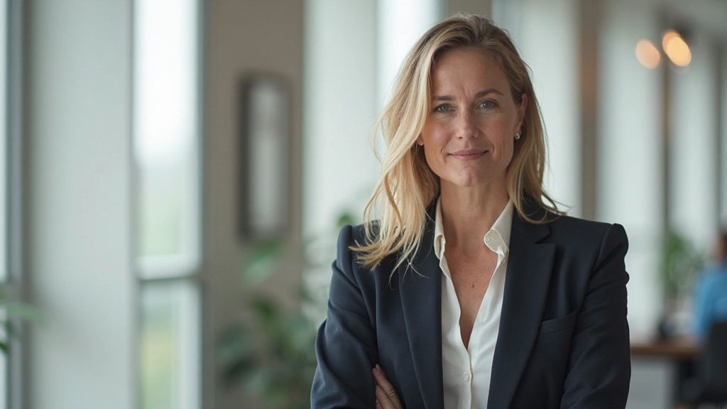 Professioneel portret van een vrouw in zakelijke kleding die zelfverzekerd naar voren kijkt in een modern kantoor