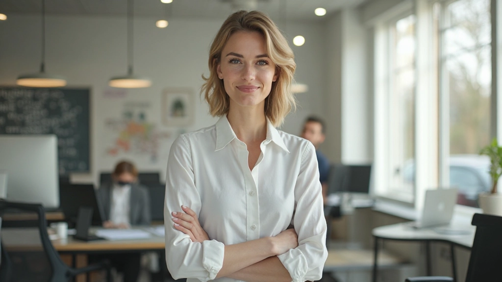Professionele foto van realistische vrouw in haar vijfendertig, volledig gekleed in moderne blouse, staande in heldere werkruimte met zelfverzekerde houding, zachte verlichting, wazige achtergrond