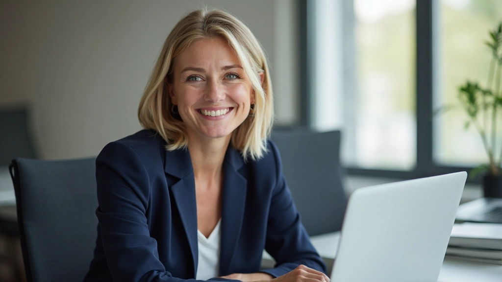 Professionele foto van realistische vrouw van ongeveer 35 jaar, volledig gekleed in navy blazer, zittend aan bureau met laptop, zelfverzekerde glimlach, modern kantoor, natuurlijk licht, vervaagde achtergrond, GEEN tekst, GEEN watermerken