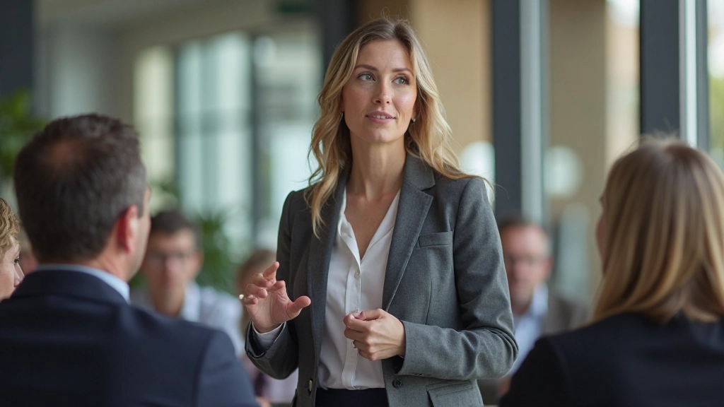 Manager geeft presentatie aan diverse team over veranderingsplan met duidelijke communicatie